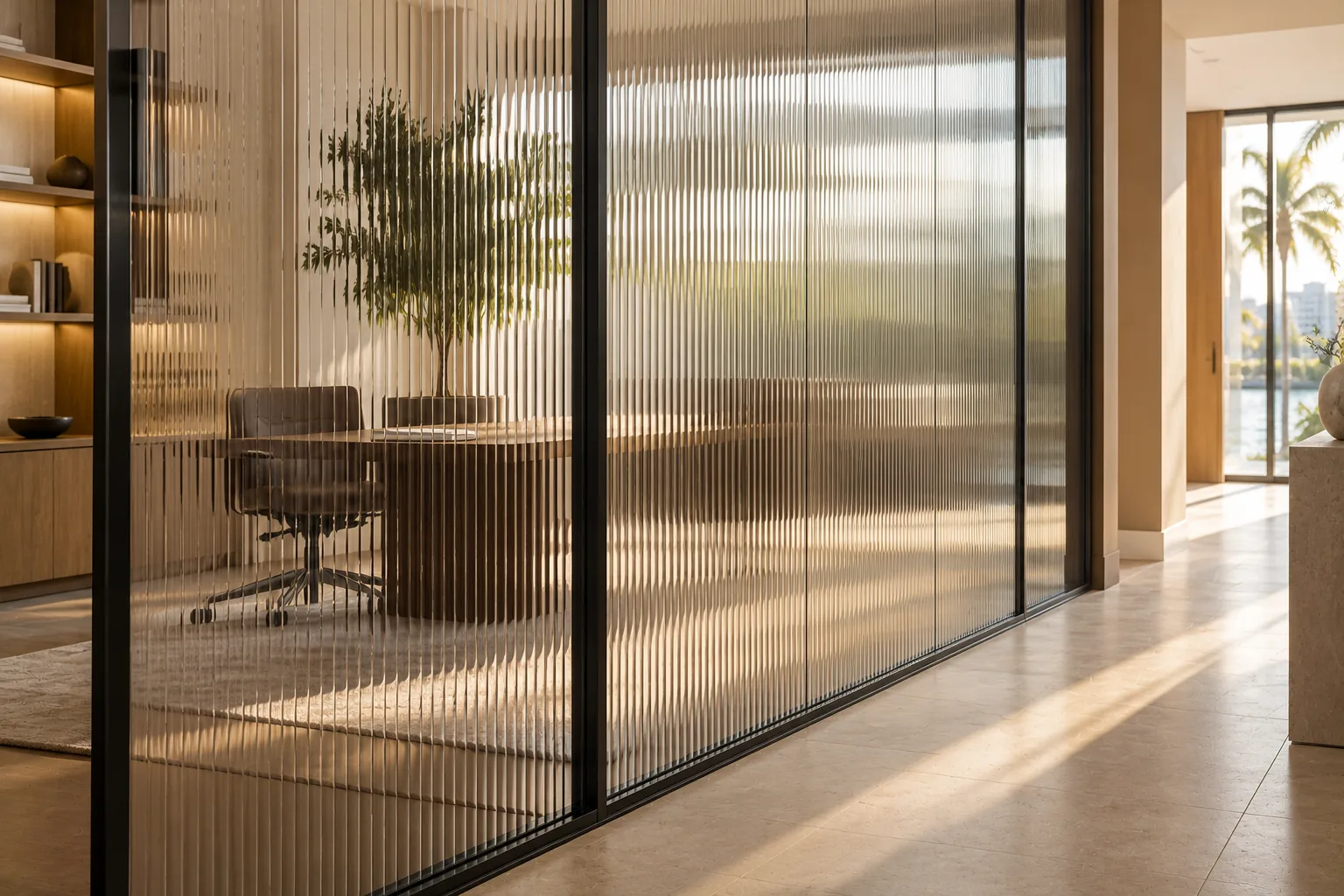 A reeded glass partition dividing two rooms, the silhouette beyond softened into vertical bands