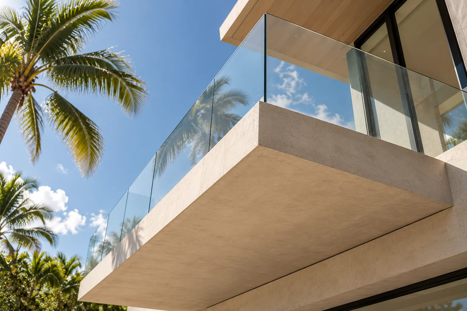 A cantilevered balcony with a frameless glass railing seen from below against the sky