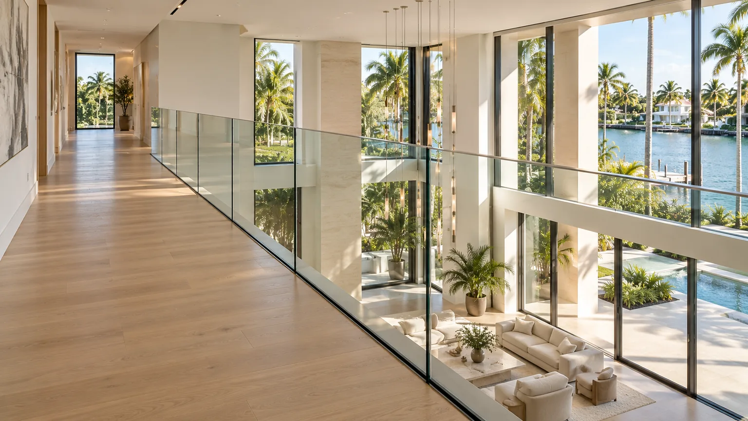 A glass guard running the full length of an upper landing above a double-height room