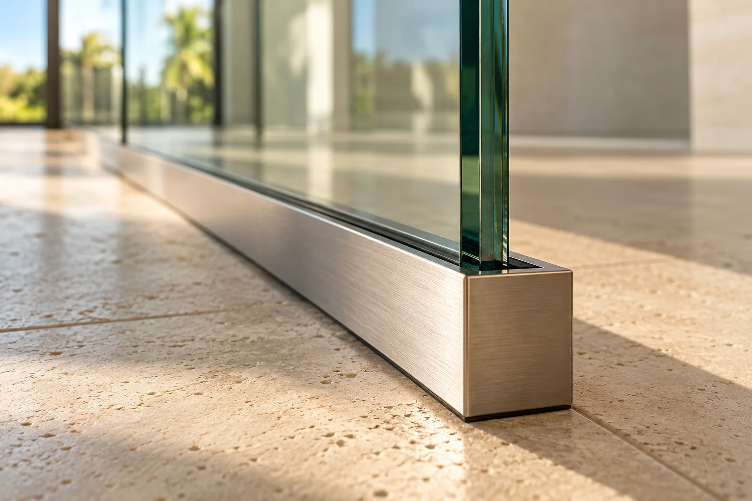 Extreme close view of a base shoe meeting a stone floor, the glass foot set into the channel