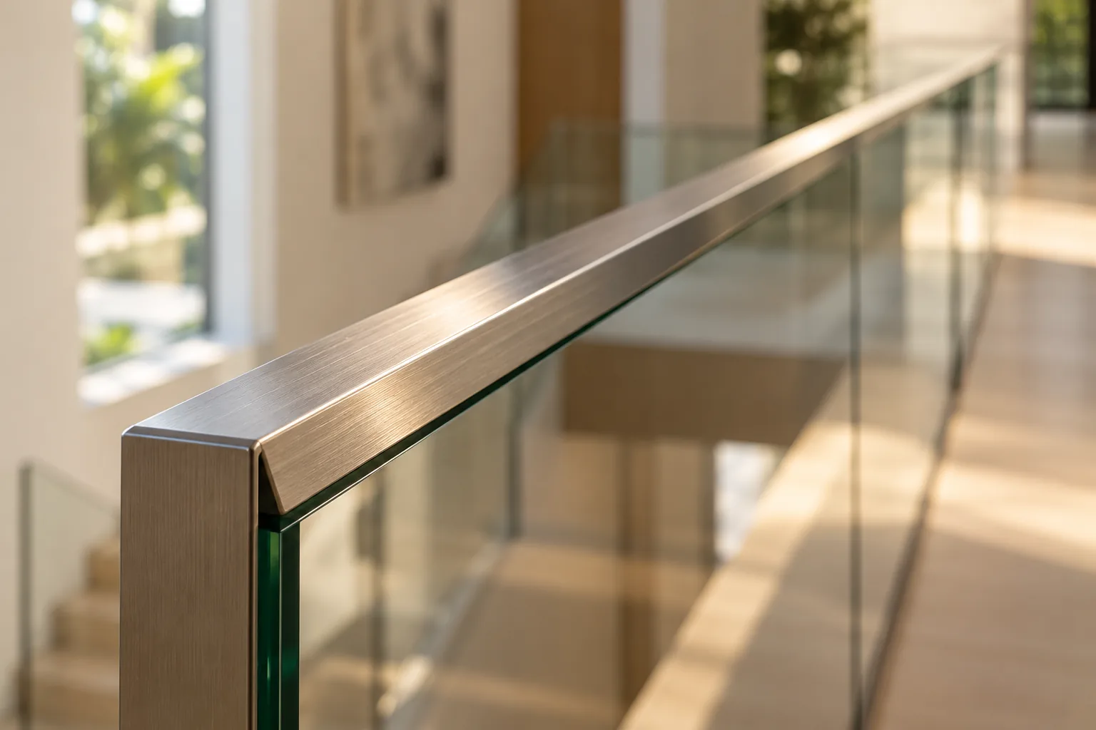 A brushed stainless top rail running away along a glass guard, the line of it filling the frame