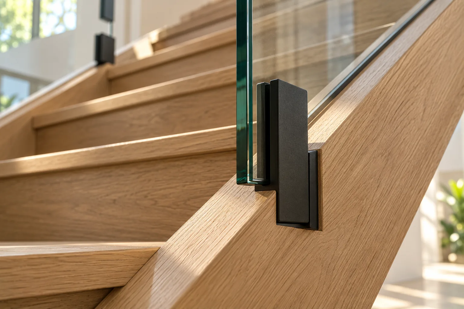 A white oak stair with a glass guard and matte black fittings, the contrast between timber and metal close up