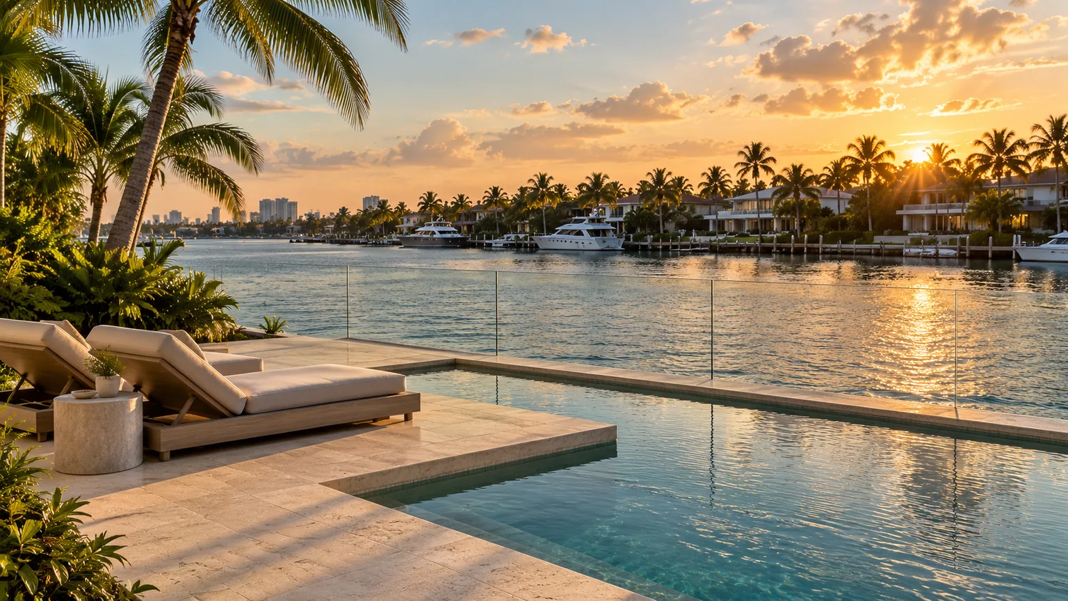 A pool terrace looking out over a waterway through a frameless glass barrier