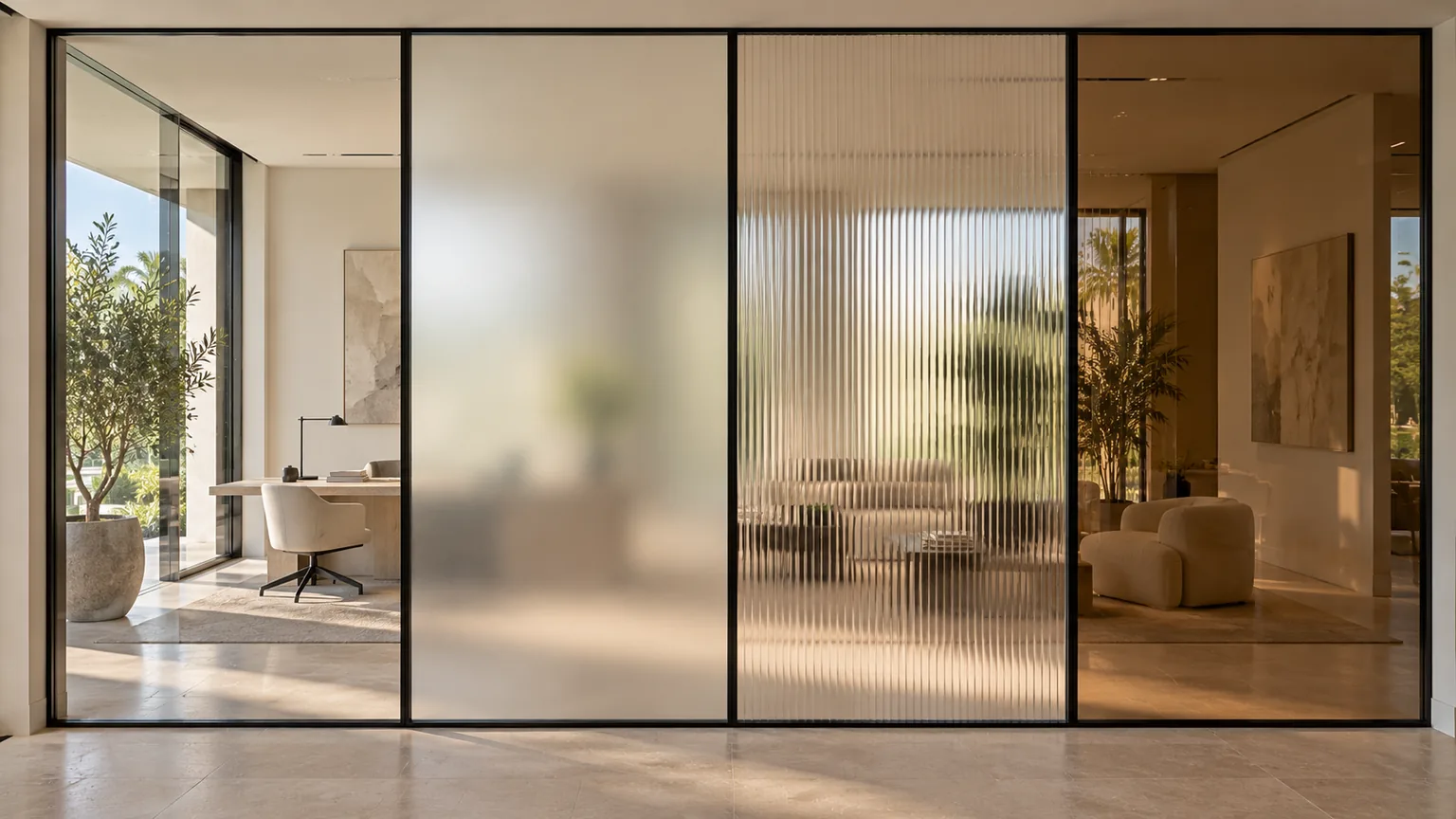 Four glass textures side by side in one partition run: clear, acid-etched, reeded and bronze tinted