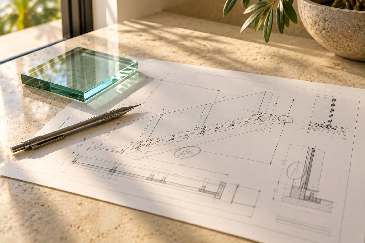 A shop drawing on a counter with dimensions circled in pencil and a glass sample holding it flat