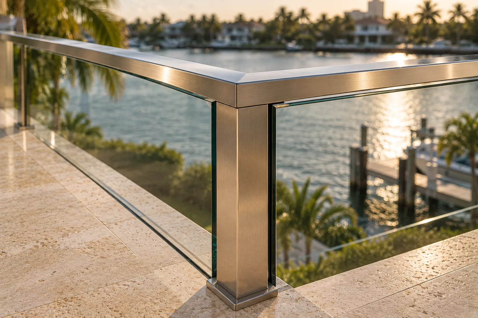A post-mounted glass railing turning a corner on a terrace, the post and rail junction clearly visible