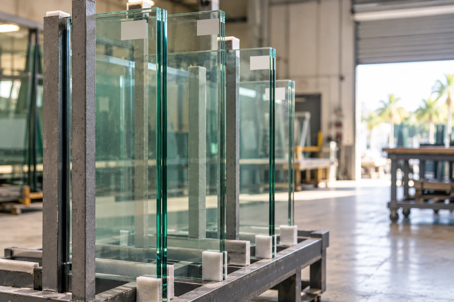 Finished glass panels standing in a padded transport rack in a workshop, labelled and ready to load