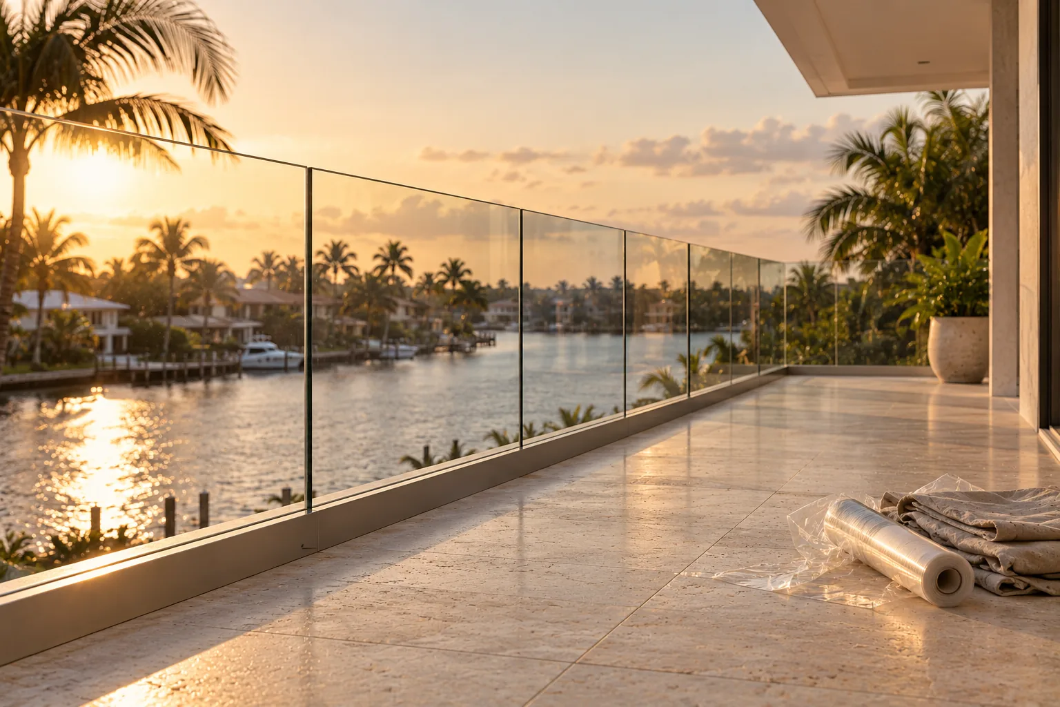 A finished glass balcony railing at the end of the day, protective film peeled away and rolled to one side