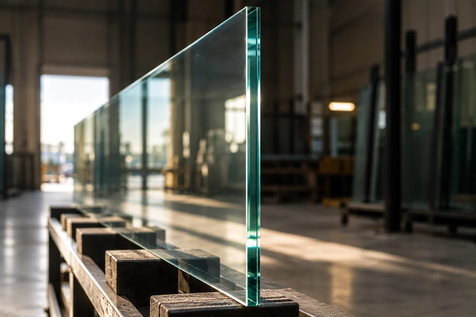 A glass panel standing on padded blocks being looked over edge-on against the light