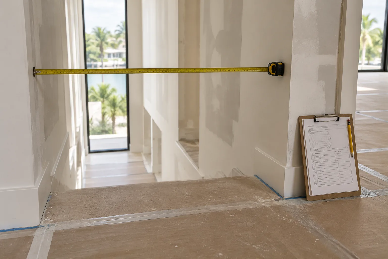 A tape measure laid across an opening and a checklist on a clipboard resting against the wall