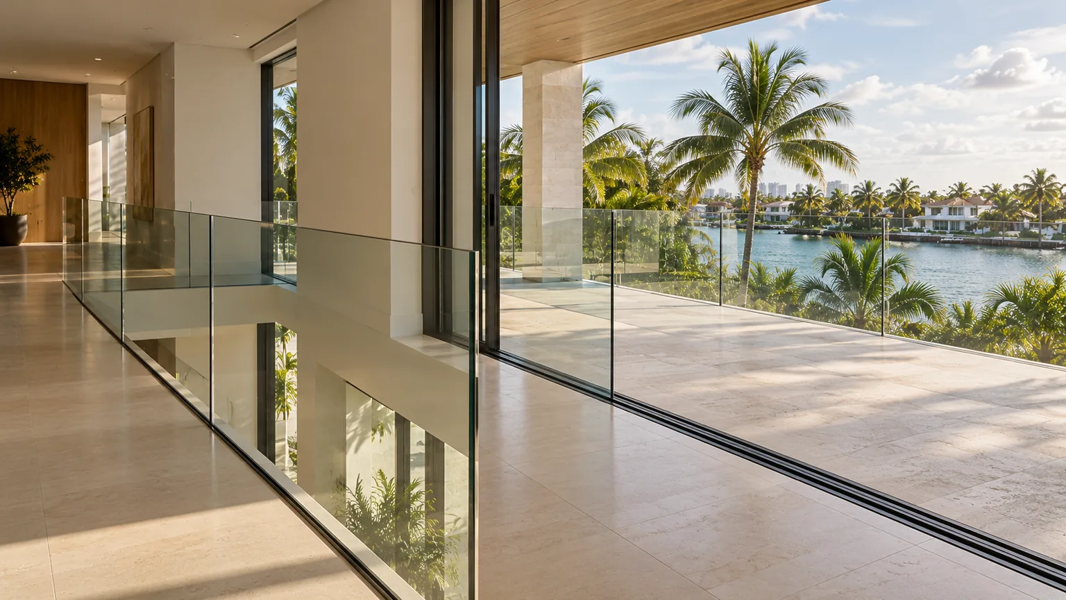A glass railing running from an interior landing out onto a terrace through open sliding doors