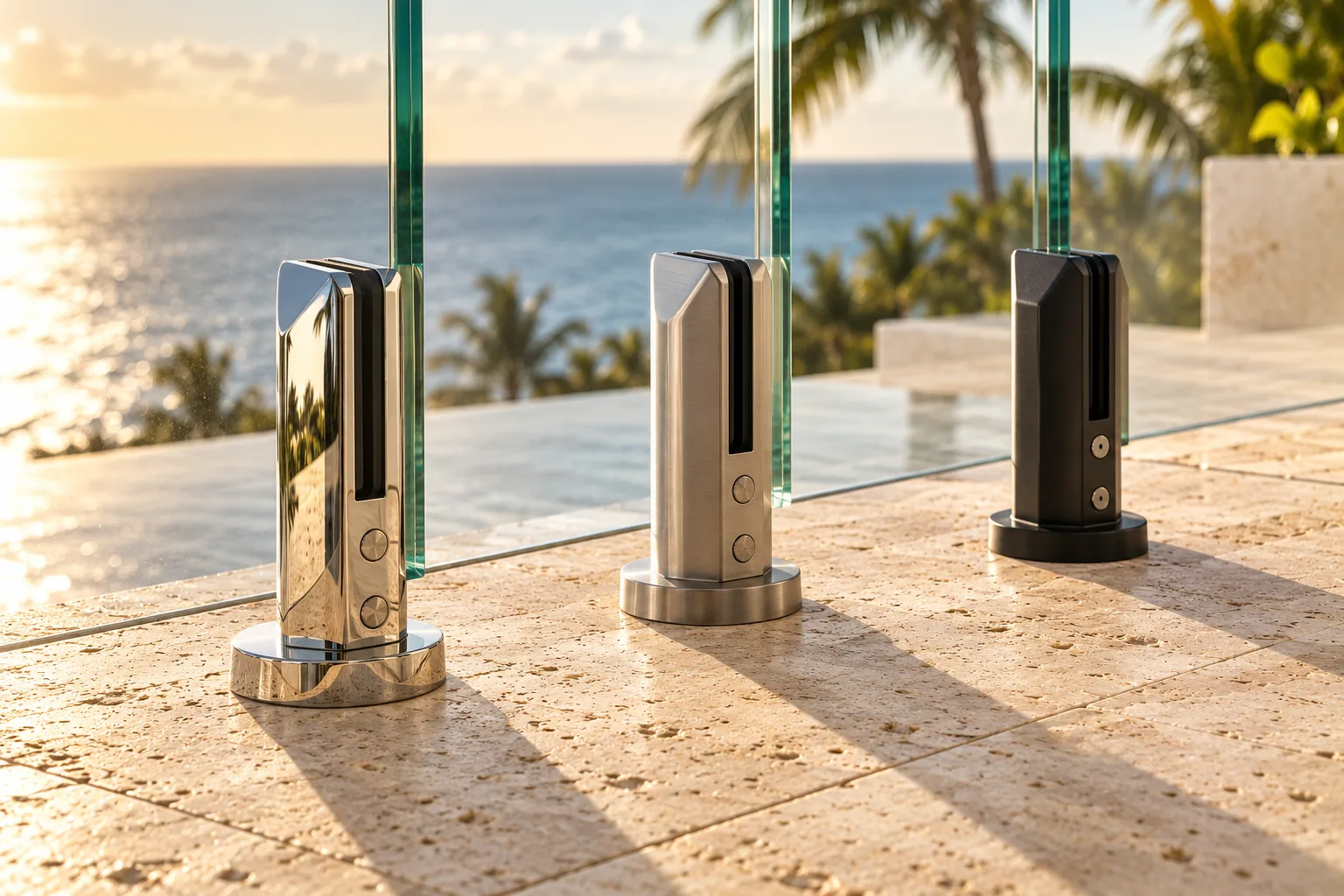 Three spigots in different finishes on a travertine deck, each clamping a short piece of glass