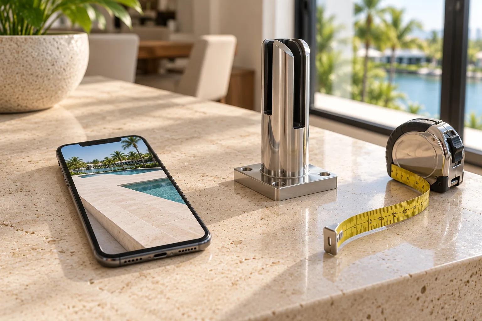 A photograph of a pool deck on a phone beside a stainless spigot and a tape measure on a stone counter