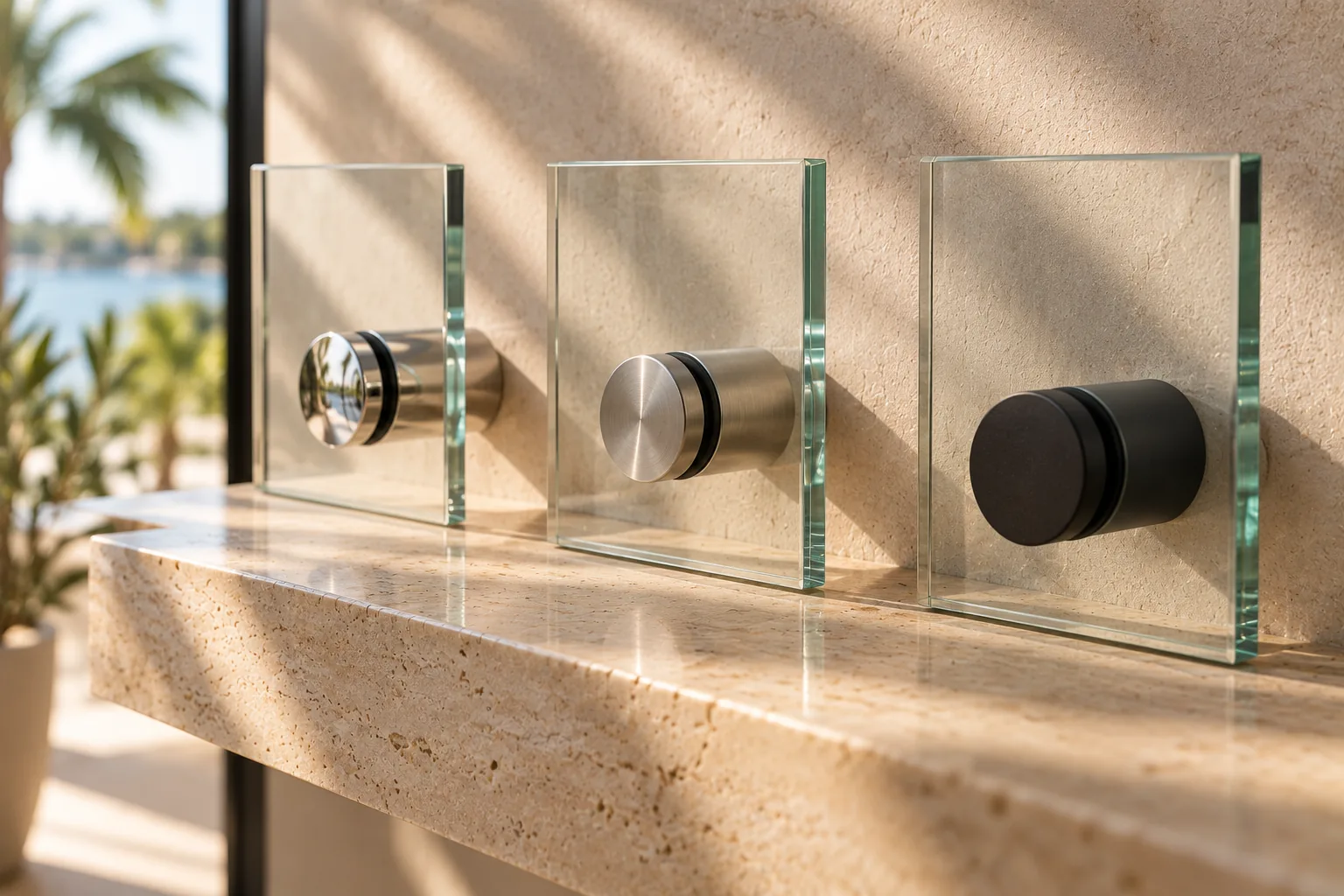 Three standoff fittings in different finishes standing in a row on a stone shelf
