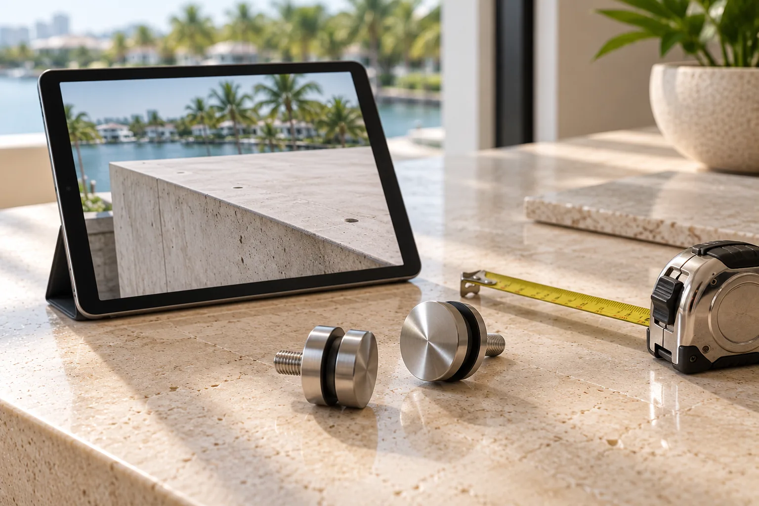 A photograph of a slab edge on a tablet beside two stainless standoff fittings and a tape measure