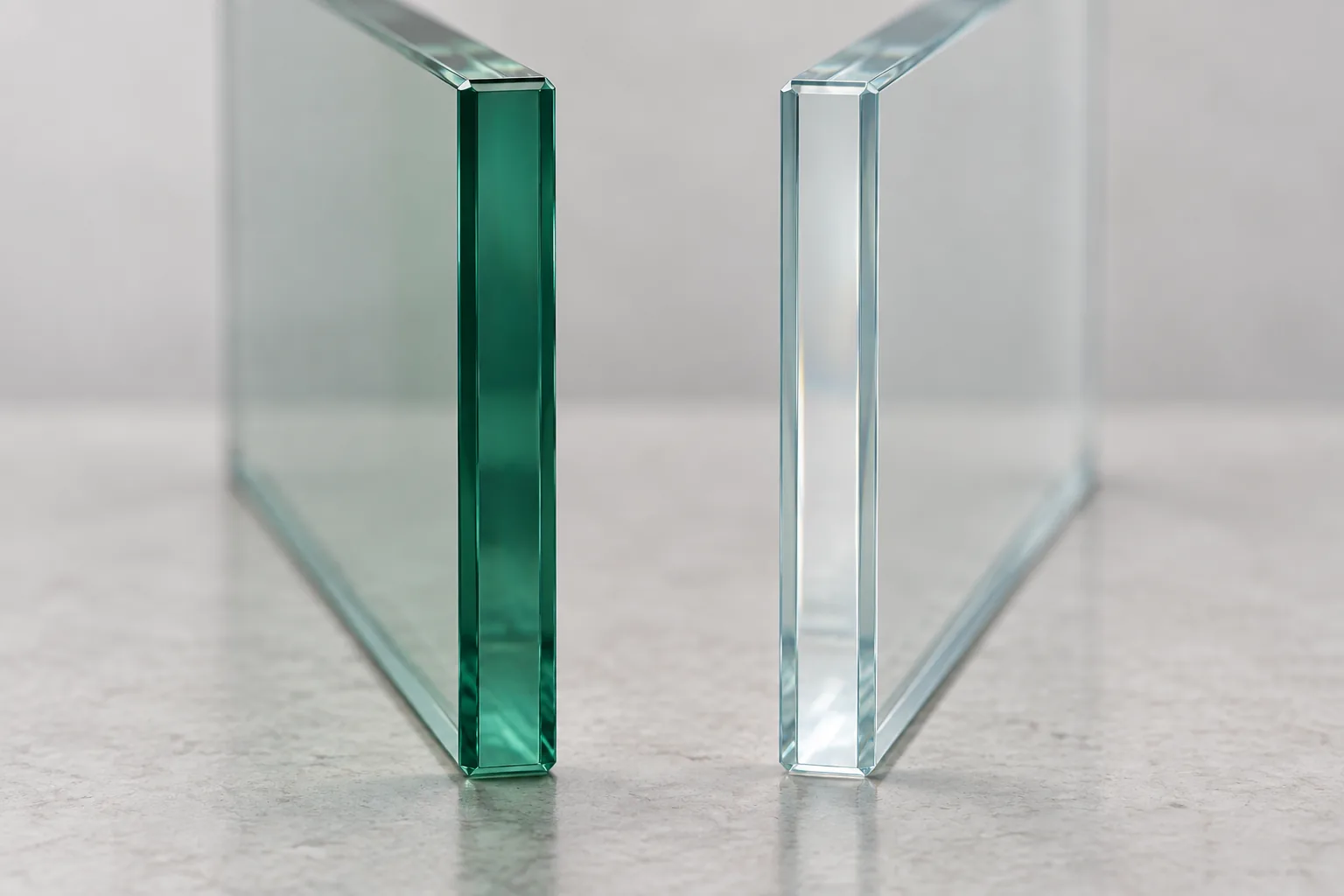 Two glass samples standing edge-on side by side, one with a green edge and one almost colourless