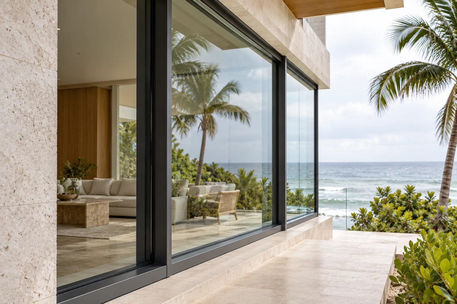 A wide sliding glass opening in a dark frame on an oceanfront house, the living room visible through it and surf beyond