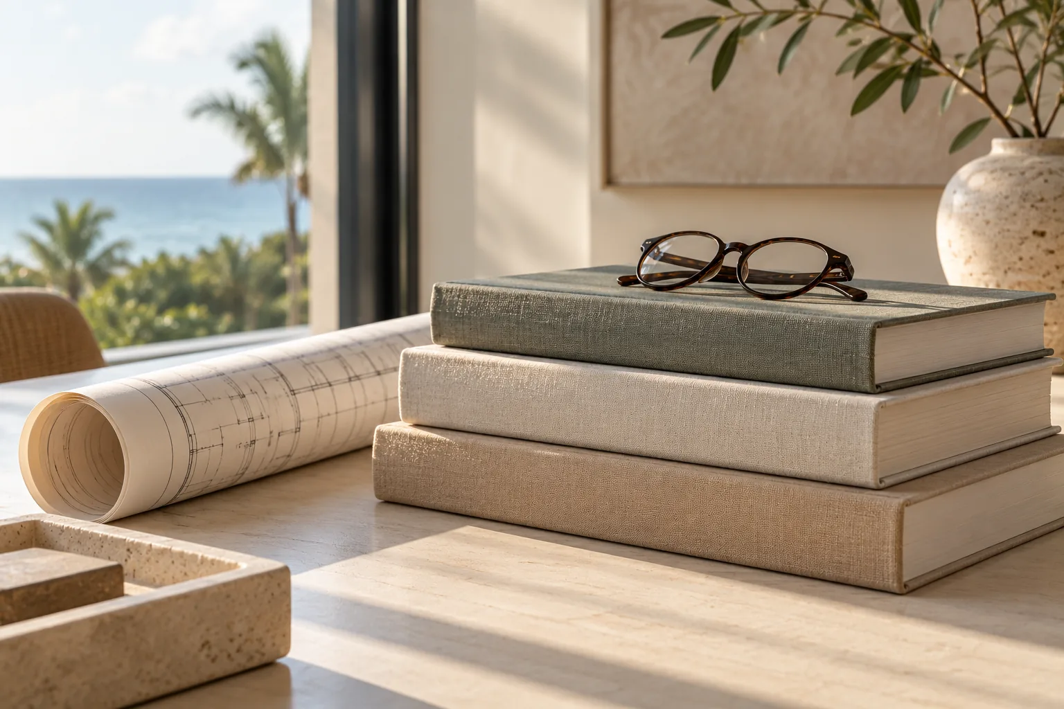 A stack of three cloth-bound volumes with reading glasses on top and a rolled drawing beside them, ocean through the window