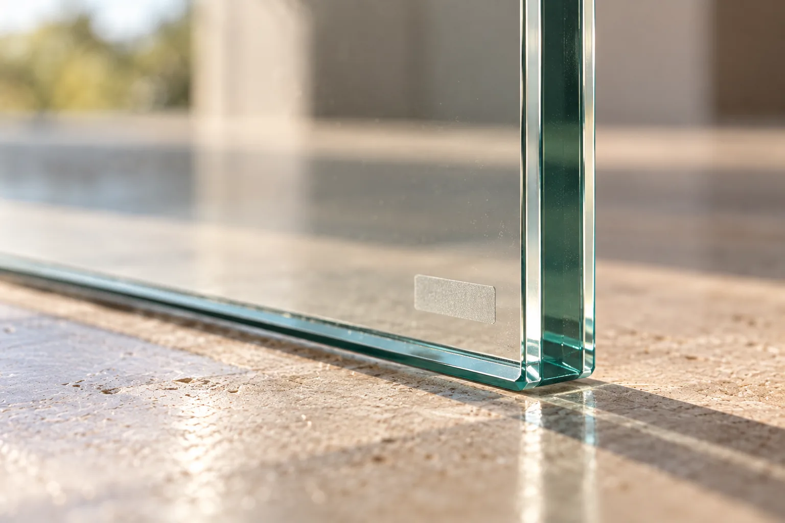 The bottom corner of a glass panel standing on a travertine floor, a small sandblasted safety marking etched near the edge