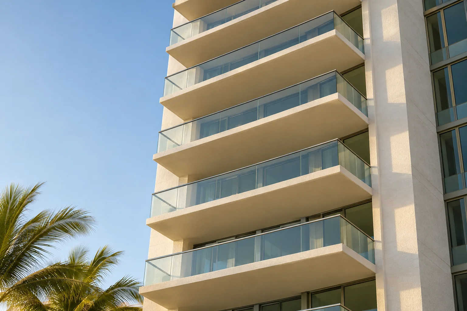 A condominium tower seen from below, its stacked balconies all fitted with the same frameless glass railing