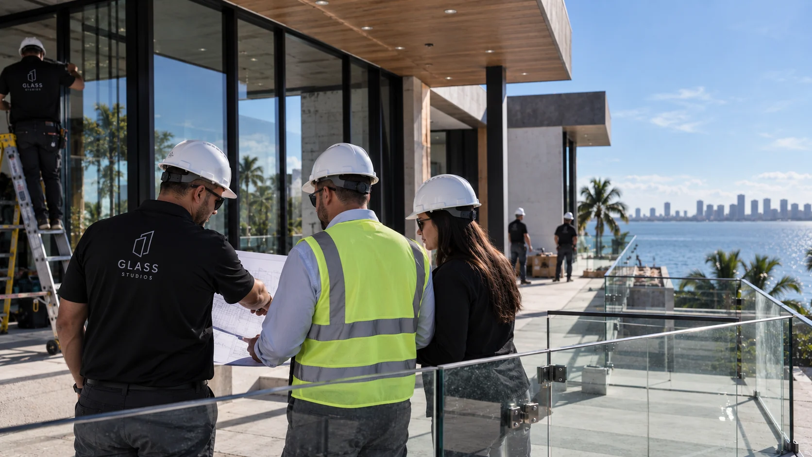A Glass Studios foreman, a contractor and a designer reading drawings on a waterfront site, a glass railing already set behind them