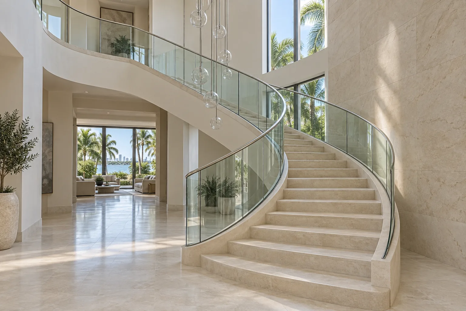 A curved staircase with a continuous bent glass balustrade under a brushed stainless top rail