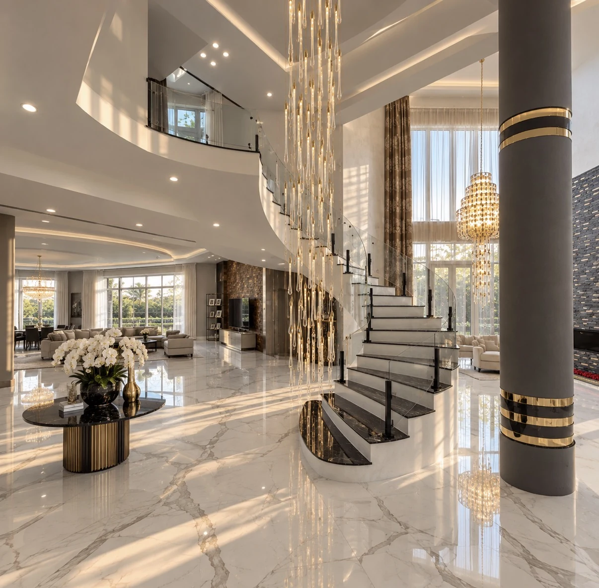 A curved staircase in a marble hall, glass balustrade with a dark top rail following the flight up to the landing