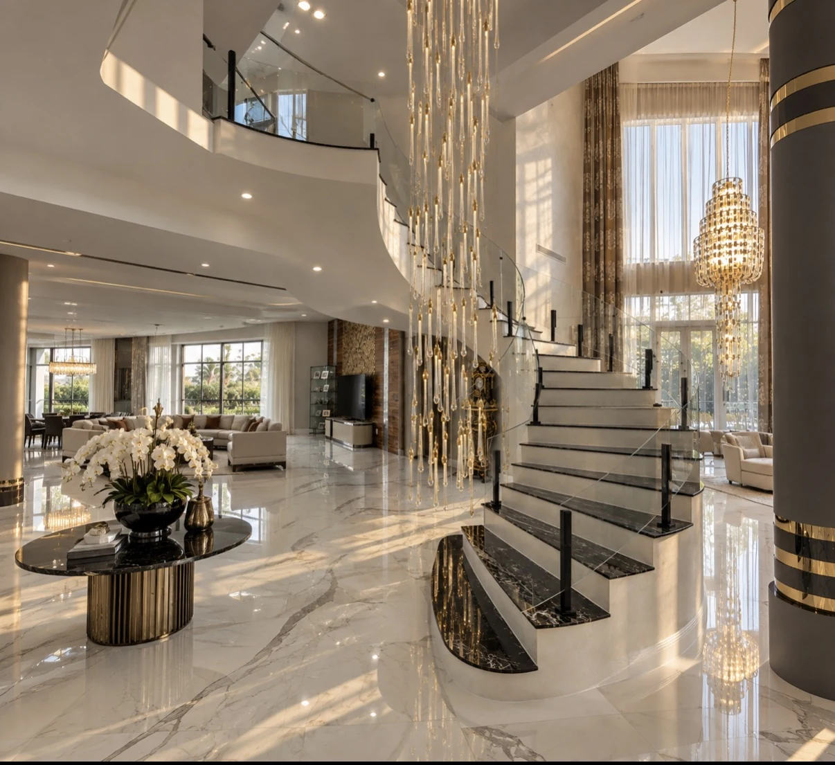 A marble lobby under a hanging light