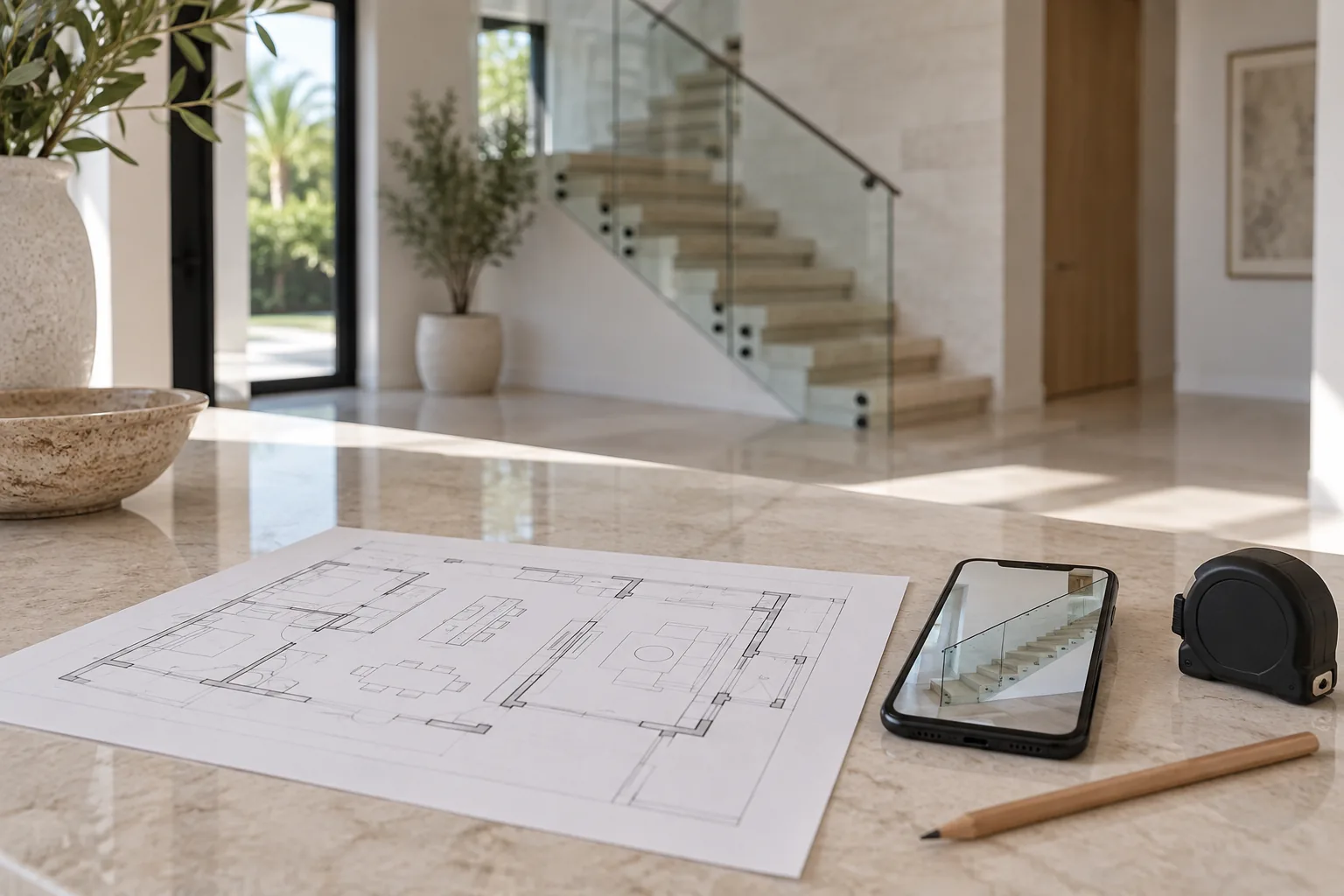 A tape measure and a rolled drawing on a stair tread, the run marked up in pencil