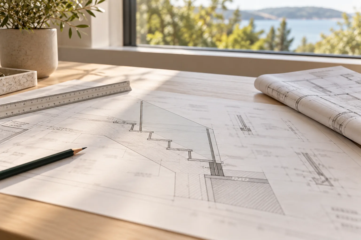 Stair and railing drawings spread on a desk by a window, a scale rule and pencil beside them