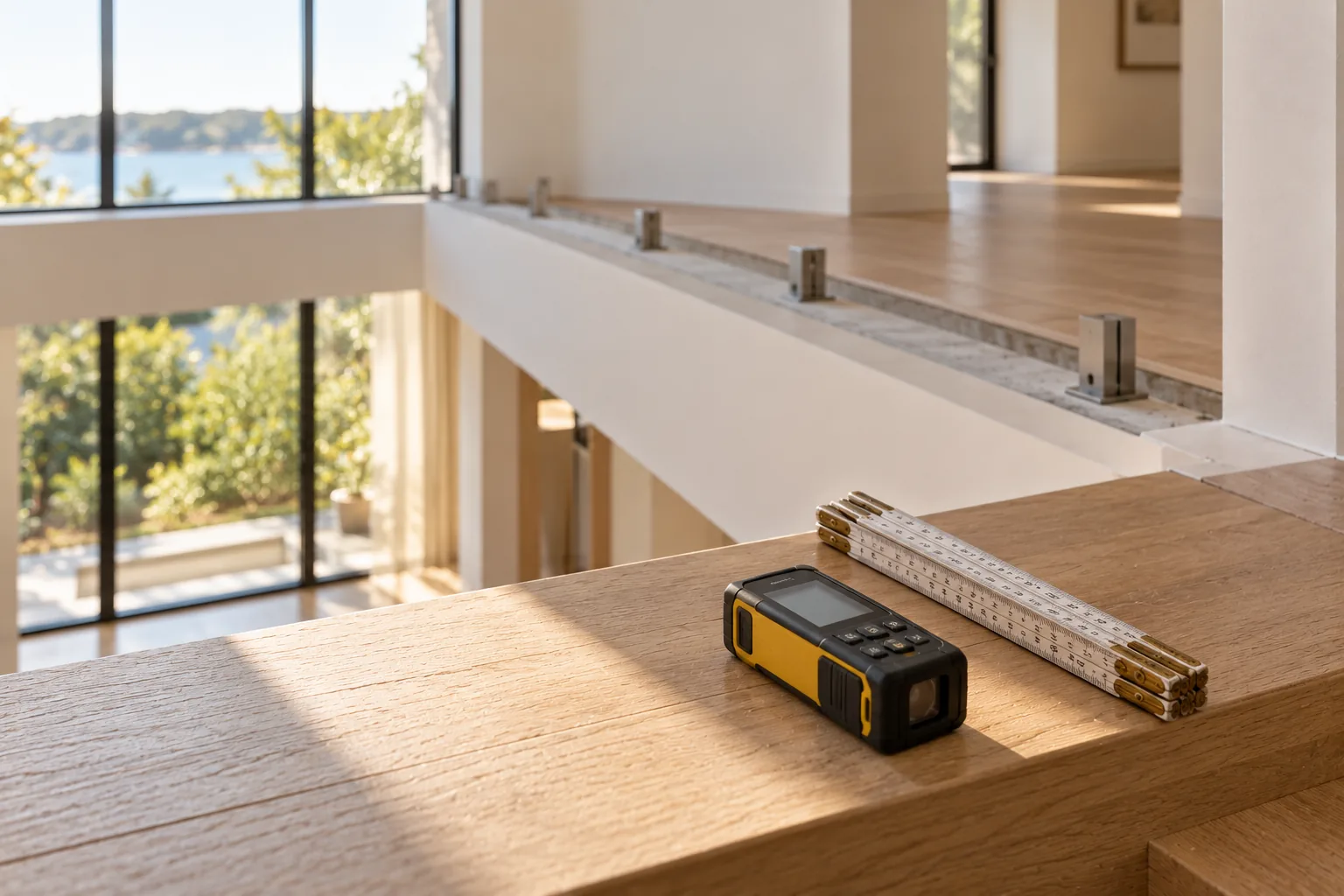 A laser measure and a folding rule lying on an oak handrail, with base channel and clamps set along a mezzanine not yet glazed