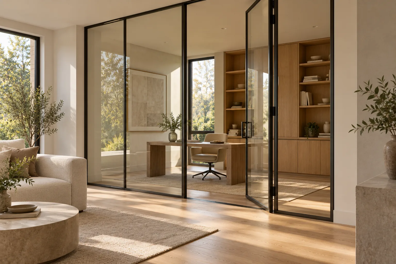 A black-framed glass partition with a hinged door dividing a study from a living room, oak shelving behind the glass