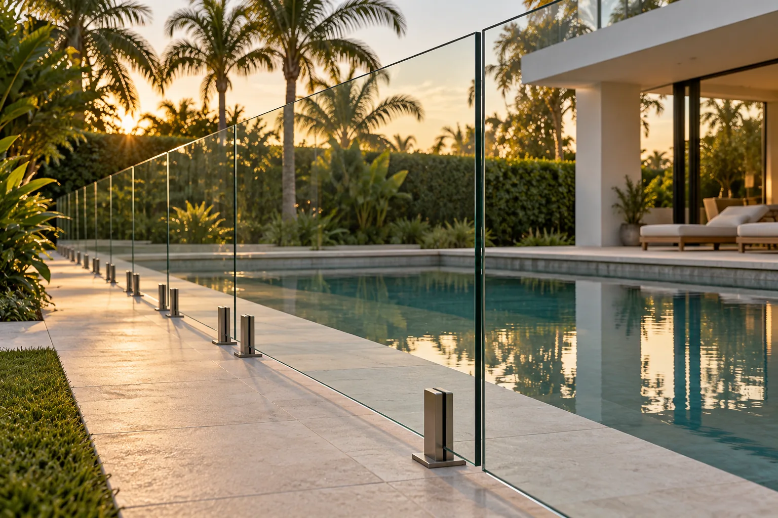A frameless glass pool fence on stainless spigots running along a travertine deck, palms and low sun behind it