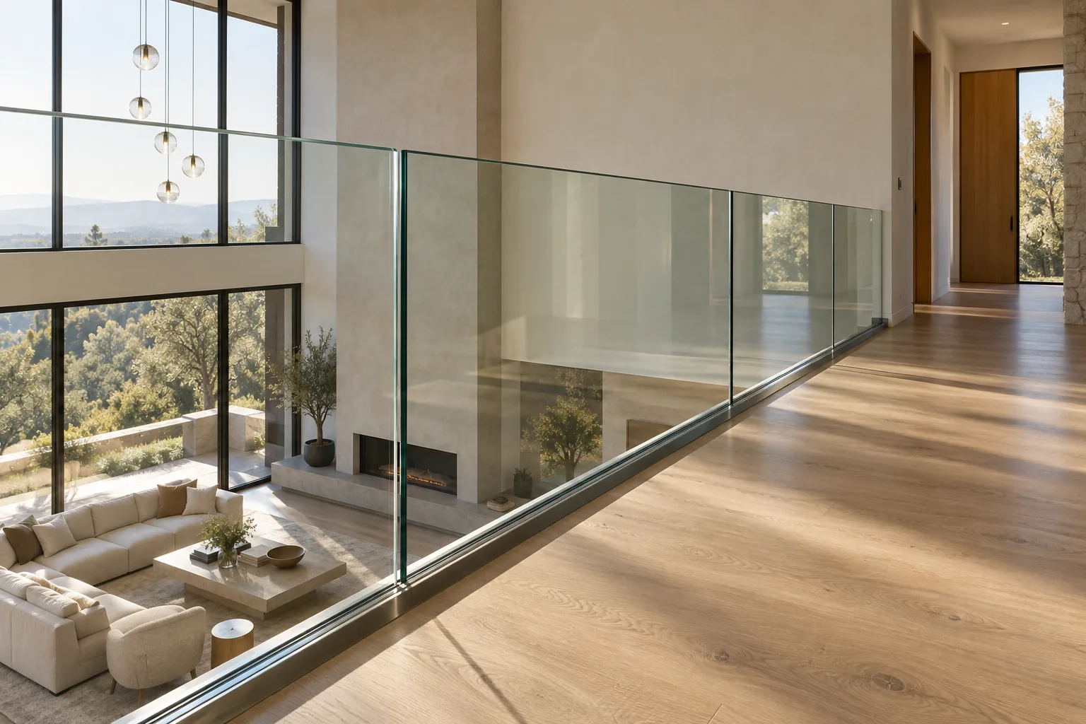 A long straight run of frameless glass railing along an upstairs landing, looking down into a double-height living room