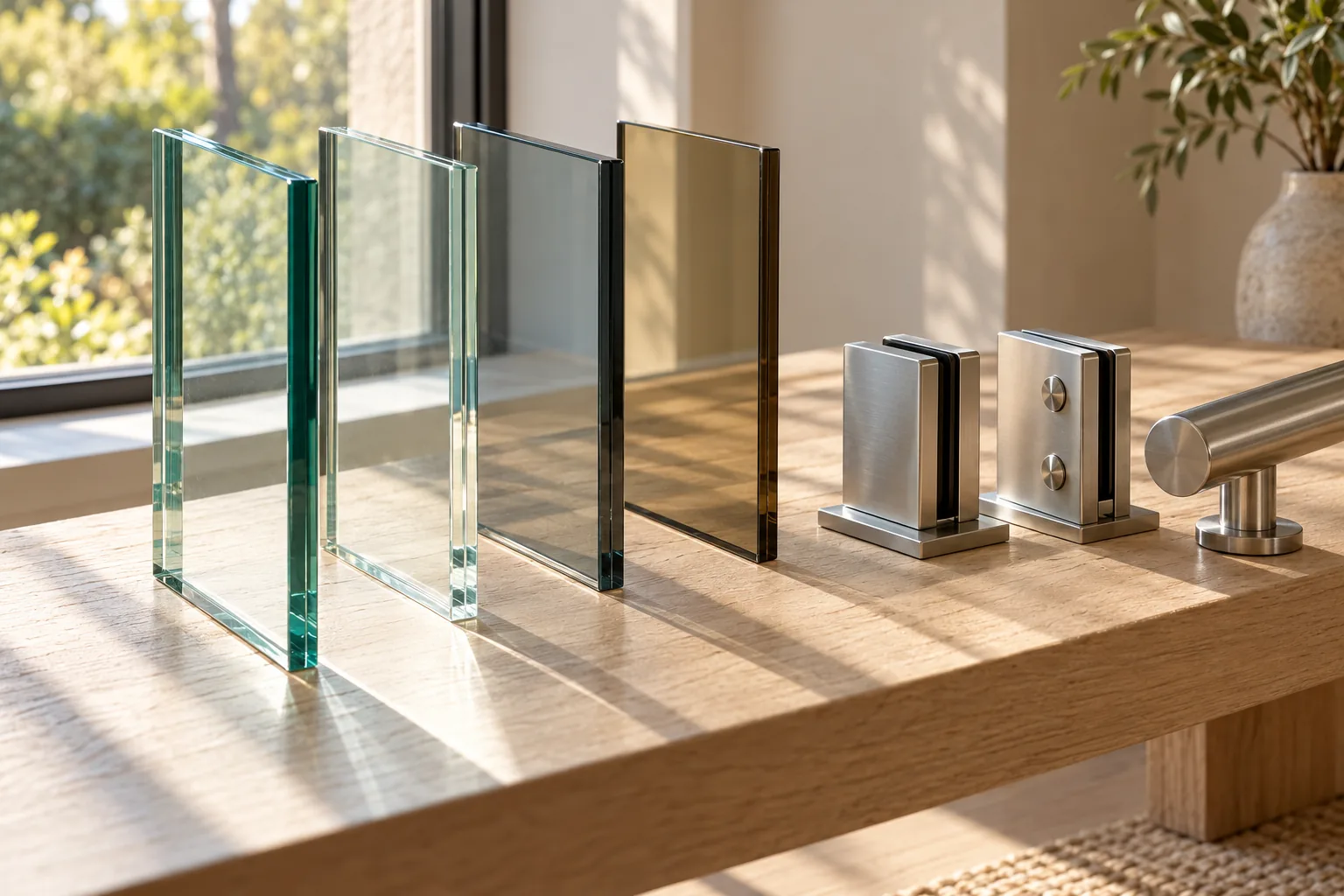 Four glass samples standing on an oak bench beside two stainless clamps and the end of a round top rail