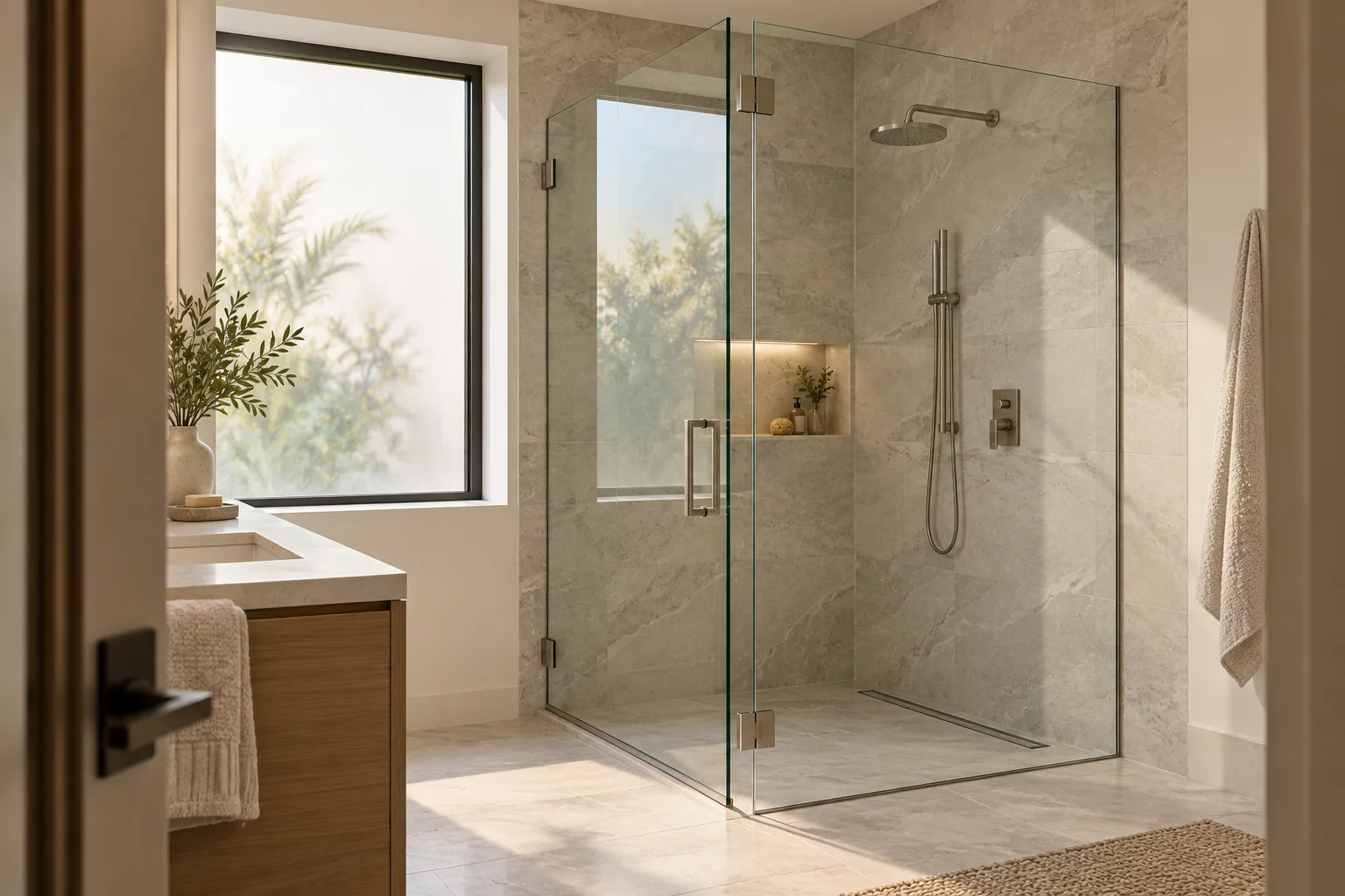 A frameless glass shower enclosure in a stone-tiled bathroom seen from the doorway, brushed nickel hinges and a ladder handle