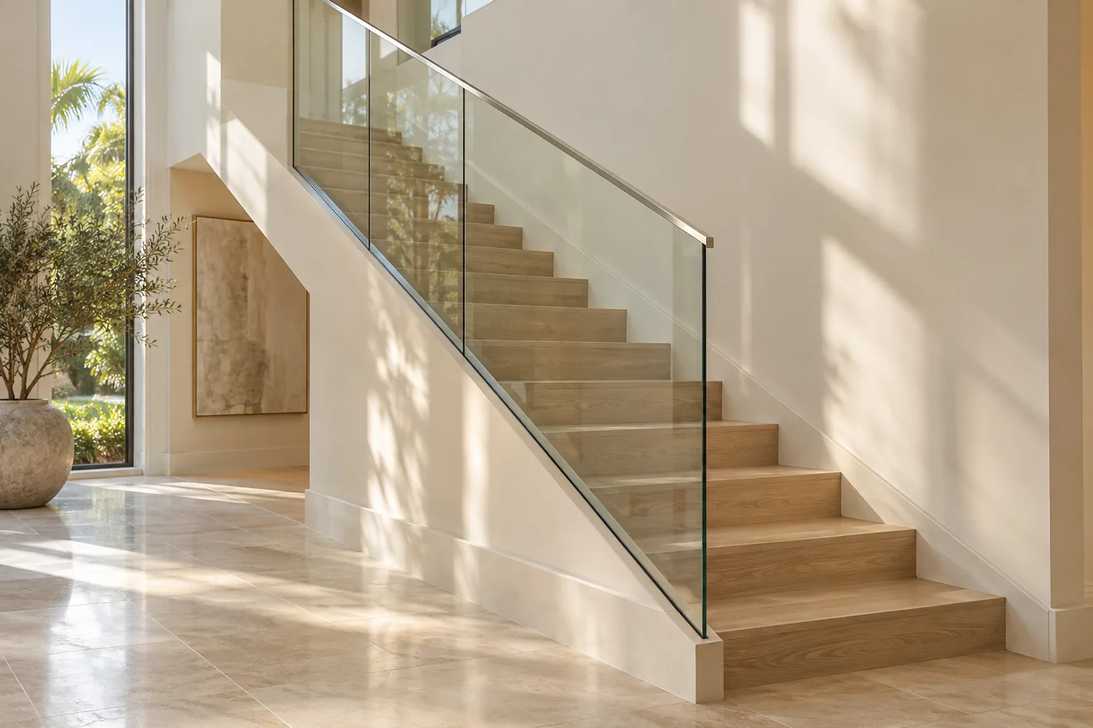 A stair guard with a slim top rail, the rail ending where the flight meets the wall at the top and the floor at the bottom