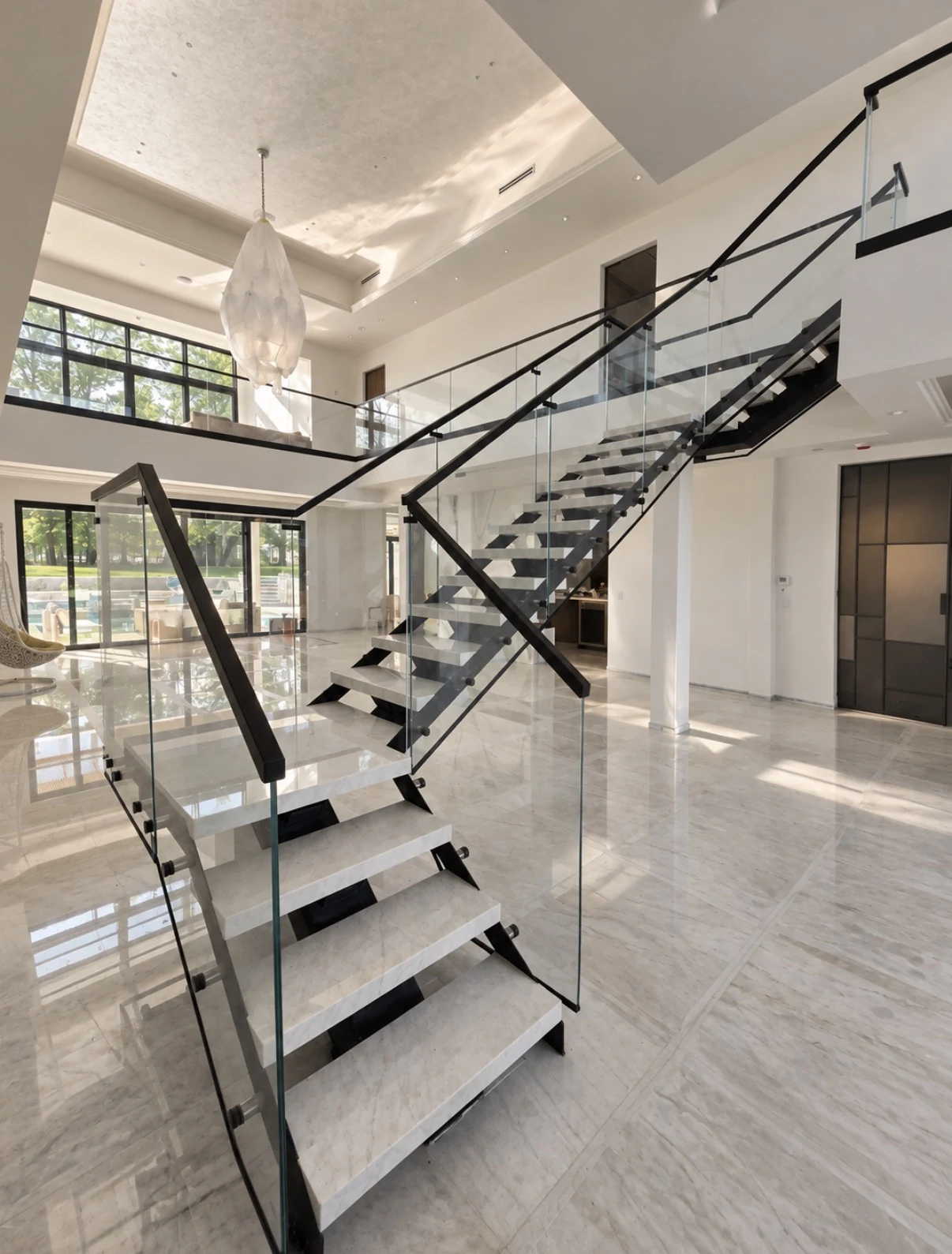 A staircase with open risers in a double-height room, frameless glass panels and a slim dark handrail along the flight