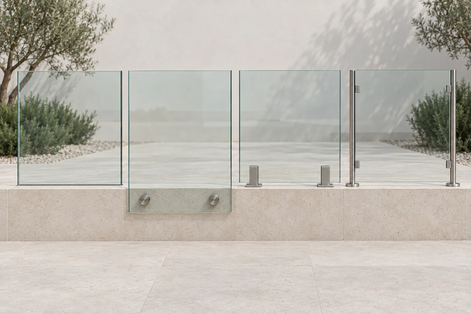 Four mounting systems shown side by side at the base of identical glass panels