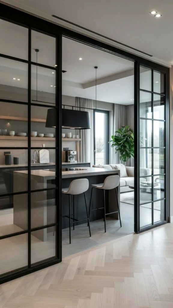 A sliding framed wall between kitchen and living room
