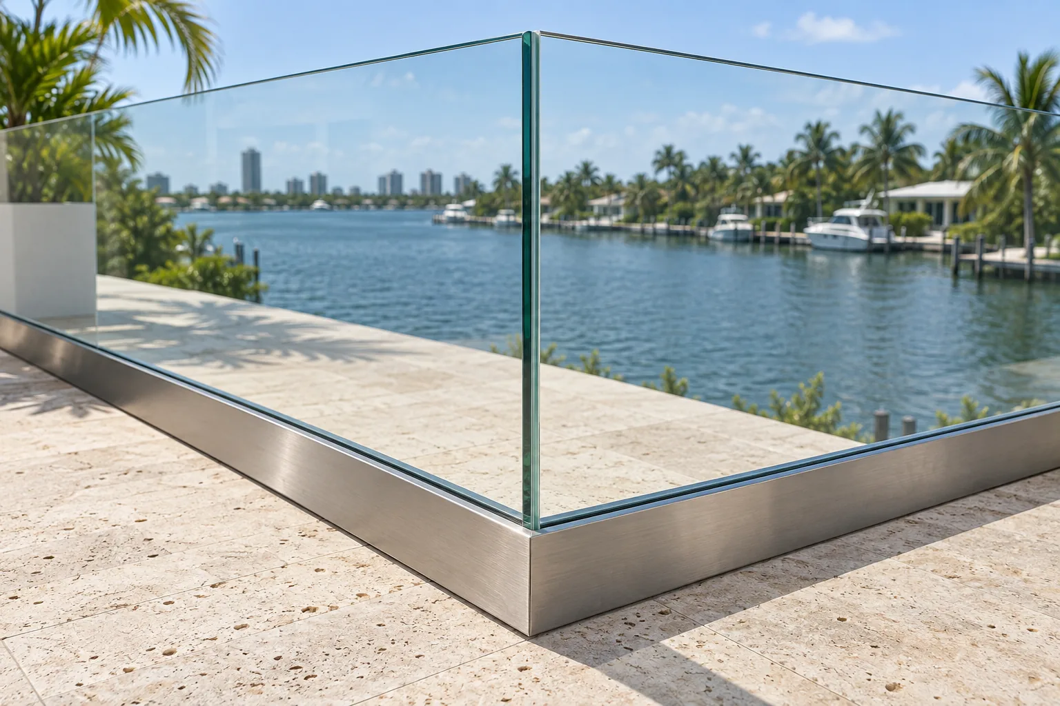 Two frameless glass panels meeting at a corner of a terrace with no post between them, set in a brushed stainless channel, a canal and moored boats beyond