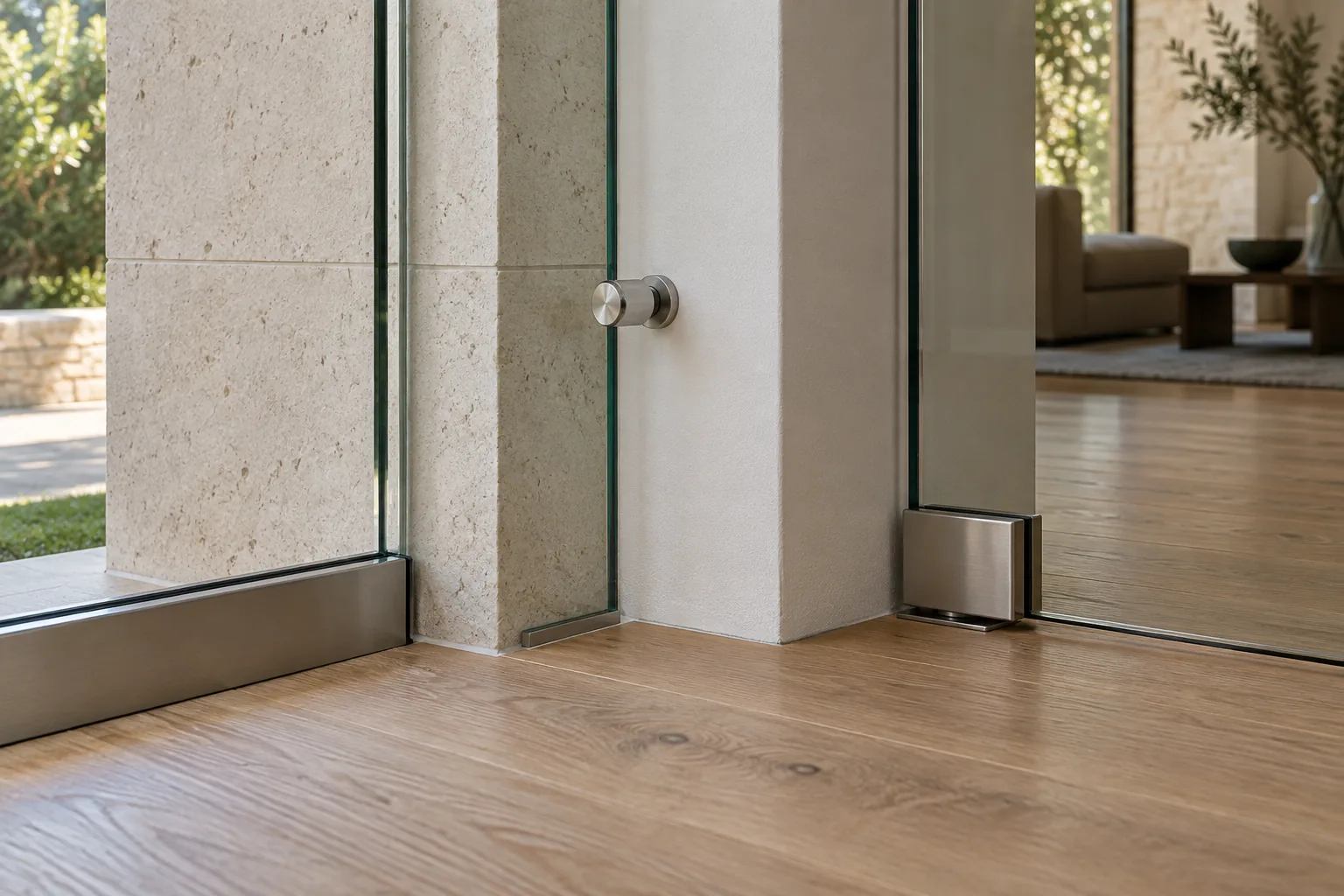 The junctions where glass meets other materials: a stainless channel running into limestone, a standoff landing on plaster, and a floor pivot clearing a white oak floor
