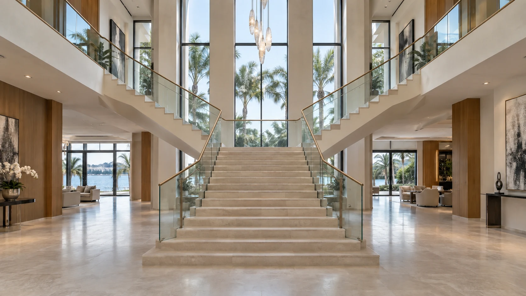 A staircase with frameless glass railings and a slim top rail in a double-height hall