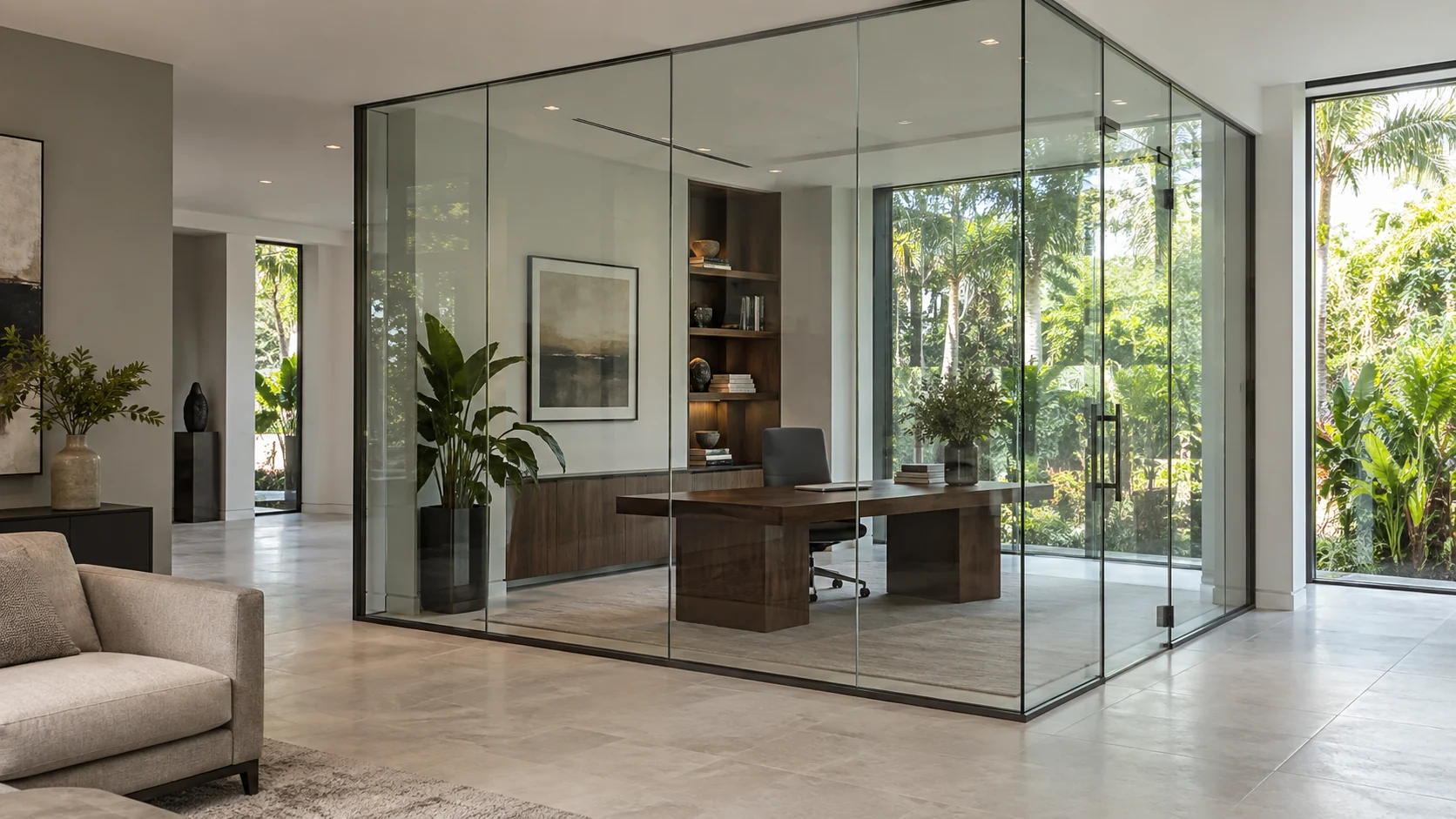 A glass-walled home office standing inside an open living space, its slim dark frames enclosing a desk with the garden visible through the far window