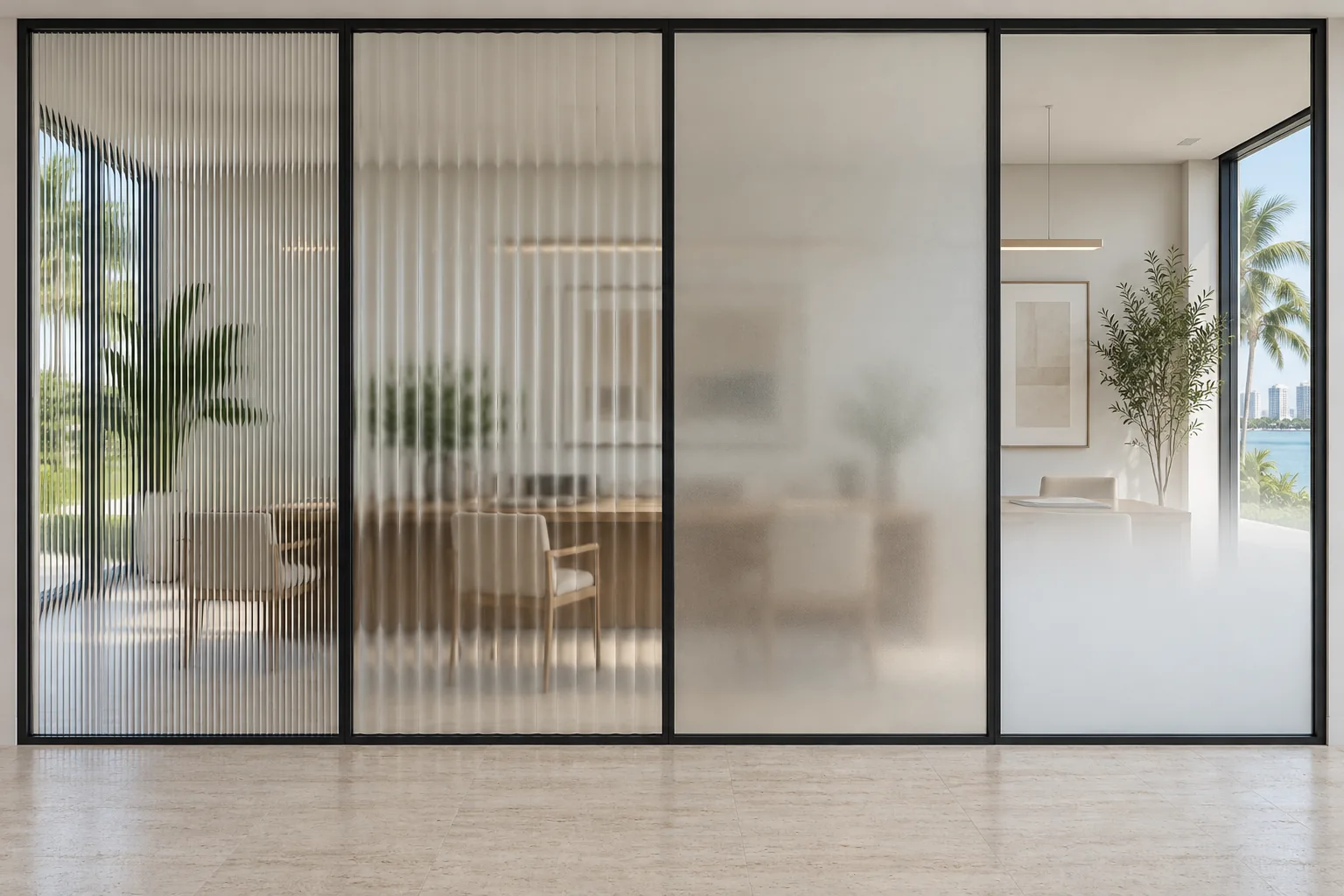 Four full-height panels side by side in one opening — clear, frosted, bronze-tinted and reeded