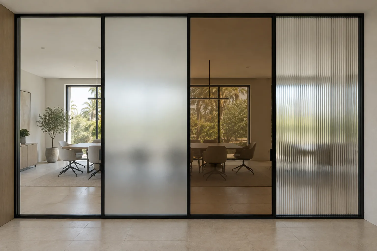 Four full-height panels side by side in one opening — clear, frosted, bronze-tinted and reeded