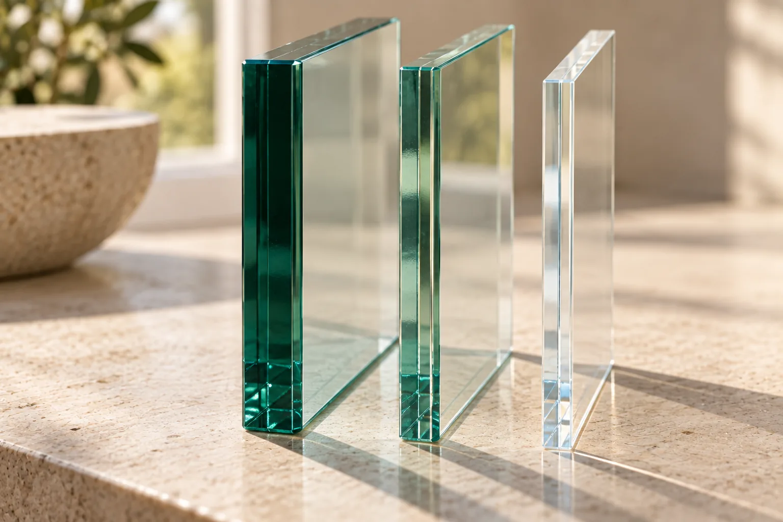 The edges of three glass panels of different thickness seen close up in daylight