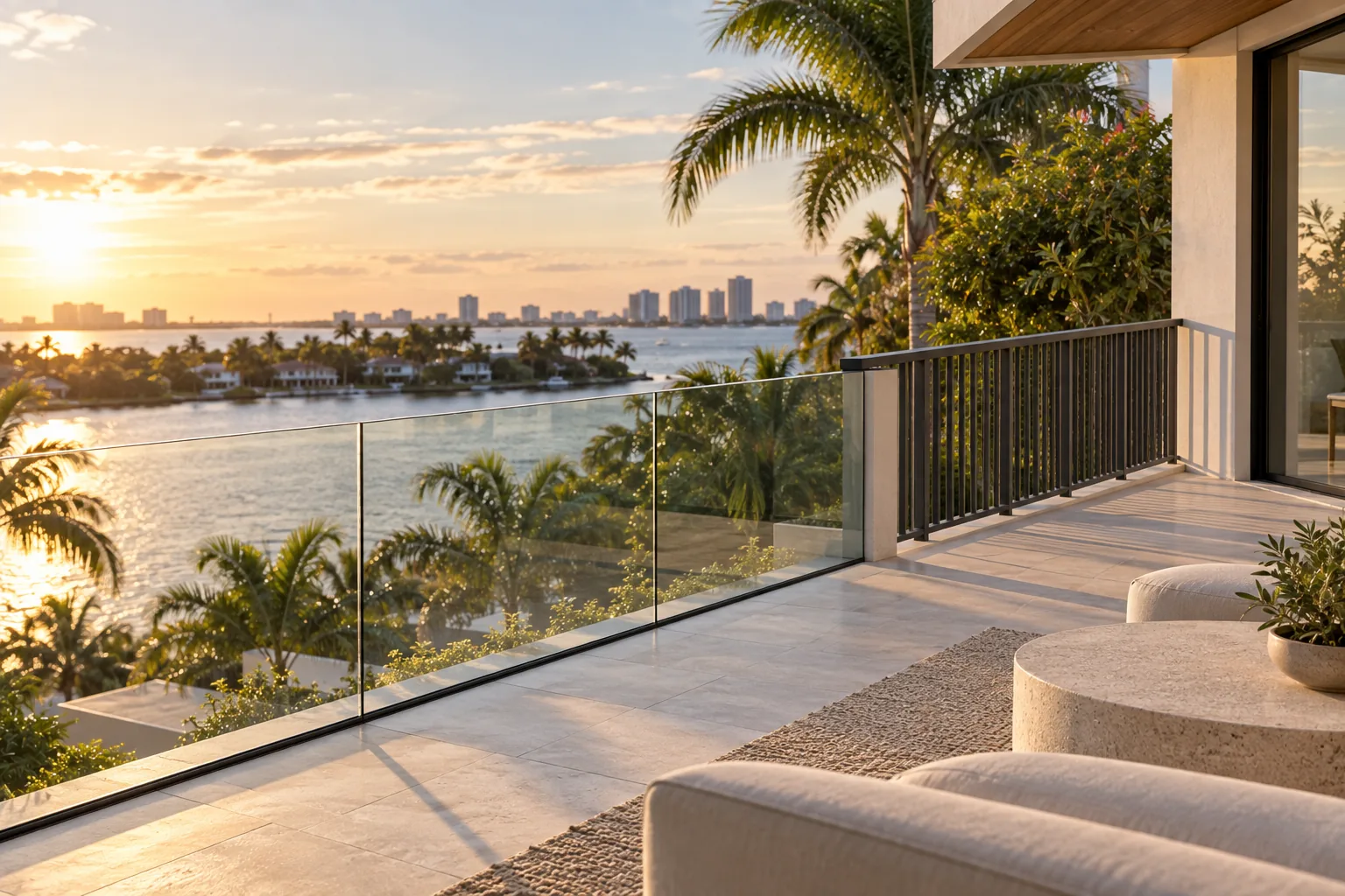 A terrace at sunset where a frameless glass railing meets a dark aluminum picket railing, the bay and palms beyond