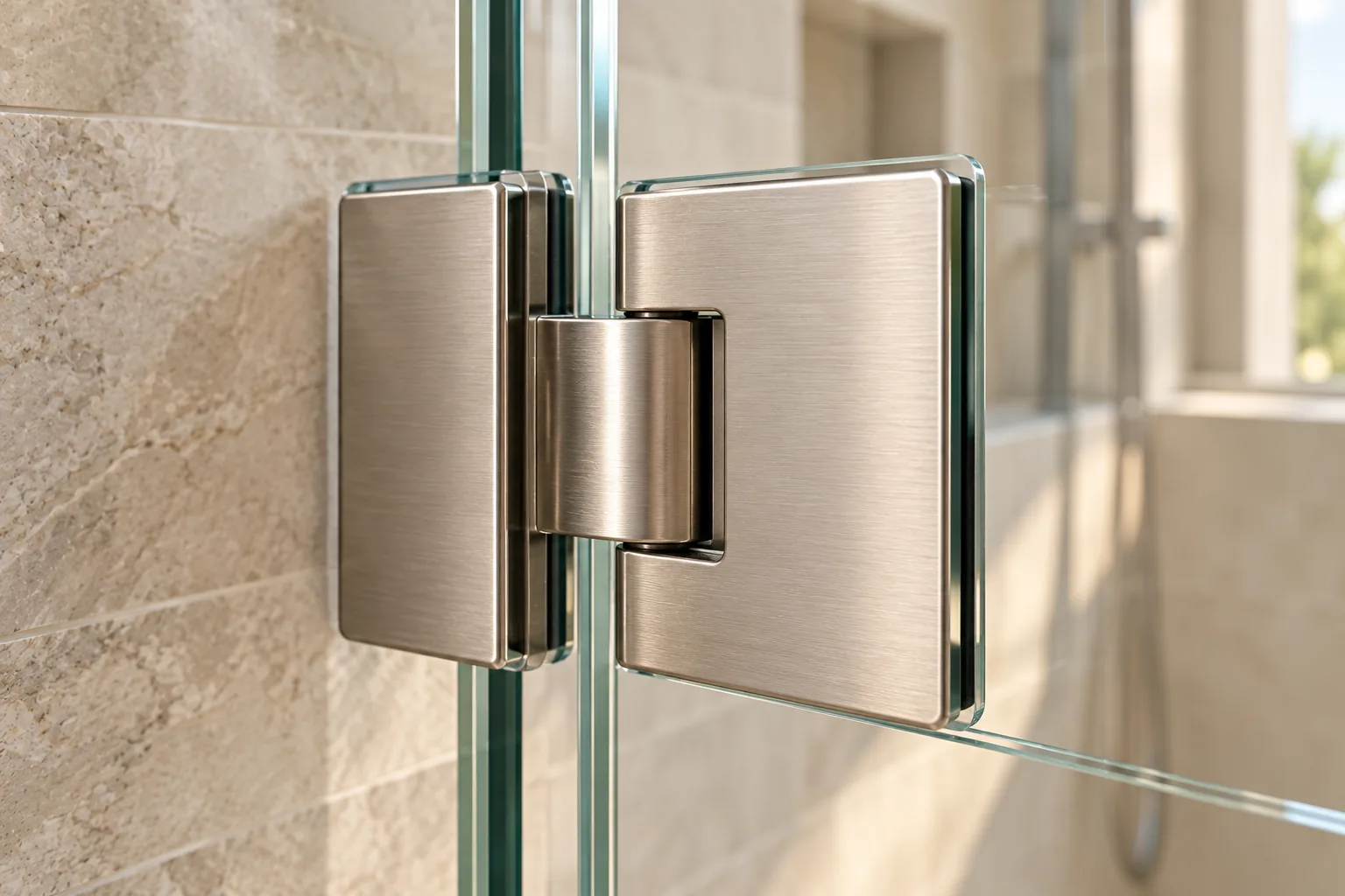 A brushed nickel glass-to-glass shower hinge holding two panels against a stone wall, seen close