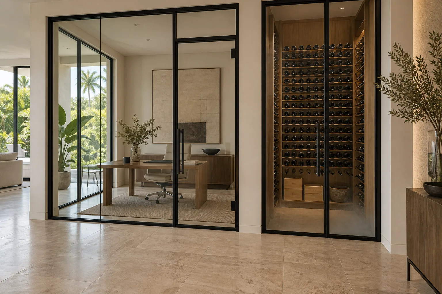 Two black-framed glass enclosures off one hall — a study on the left, a lit wine room on the right